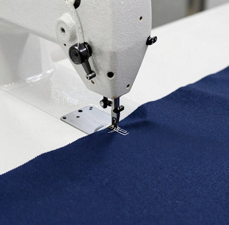 Close-up of industrial sewing machine stitching heavy navy canvas fabric, bright clean workspace lighting, sharp focus on thread texture, 35mm