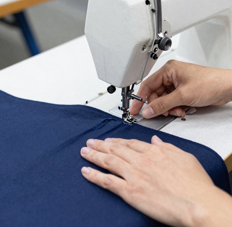 Close-up of hands guiding heavy navy canvas fabric through a professional sewing machine, bright clean workspace lighting, sharp focus on stitching, realistic documentary style, 35mm