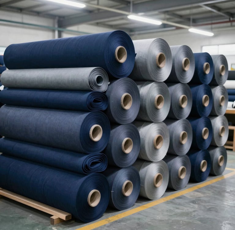 Bright clean industrial factory floor in Cibitung, rolls of raw navy and slate gray textiles stacked neatly, overhead workspace lighting, realistic documentary style, 35mm