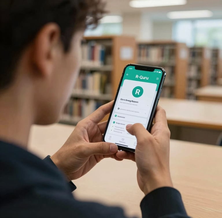 A close-up over-the-shoulder view of a young professional using the R-guru app on a phone in a bright, modern university library, natural daylight.