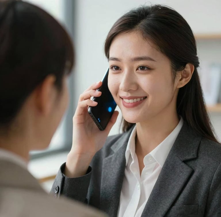 Over-the-shoulder shot of an ambitious young professional smiling with relief while speaking into a smartphone, bright daylight, subtle electric blue reflections on the screen.