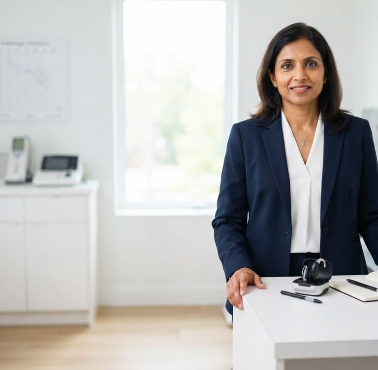 Professional portrait of Rashmi Nataraju in a bright, clean clinical setting, focused, with a subtle hint of advanced hearing technology on a desk, soft natural daylight, deep navy and crisp white tones, editorial 50mm, right third composition.