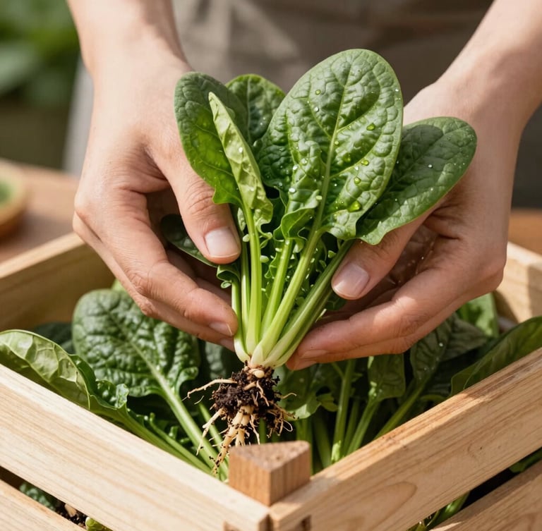 Close-up of hands carefully placing freshly harvested green spinach leaves with soil-dusted roots into a clean wooden crate, soft morning sunlight, editorial food photography.