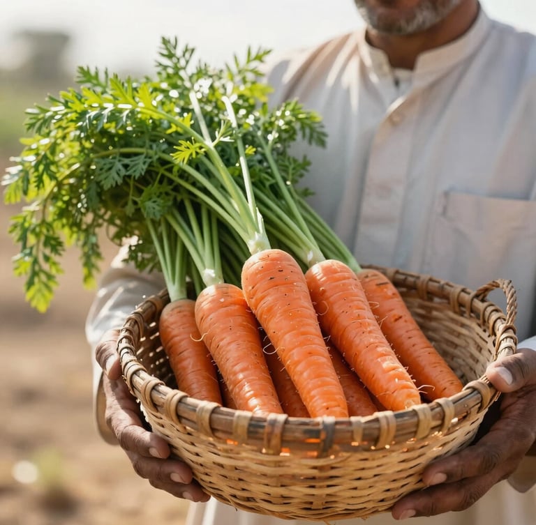 A portrait of a local Egyptian farmer holding a rustic woven basket filled with freshly harvested, vibrant orange carrots with green tops, warm morning sunlight, shallow depth of field, editorial food photography.