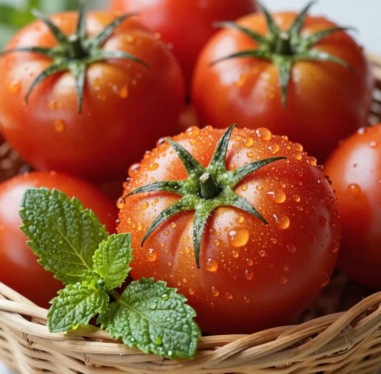 Macro shot of dew-kissed heirloom tomatoes and fresh mint leaves in a rustic woven basket, bright natural morning sunlight, rich organic colors, shallow depth of field