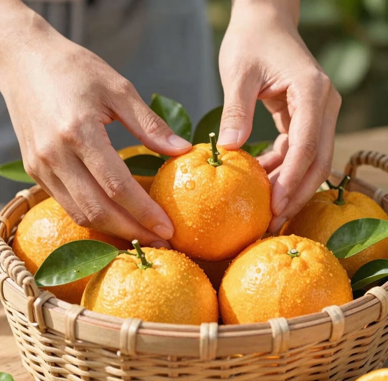 Editorial food photography, close-up of hands carefully sorting vibrant citrus and green leaves into a rustic woven basket, bright morning side-light, shallow depth of field, 35mm