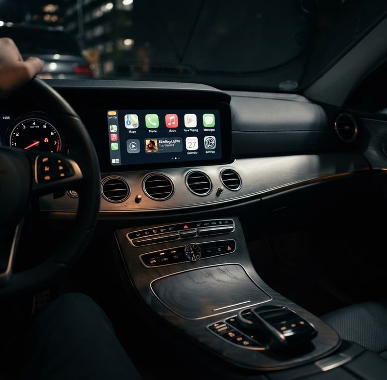 Premium automotive photography, close-up of a luxury car dashboard with integrated screen displaying CarPlay interface, dramatic cabin lighting, sharp details, dark background, 35mm