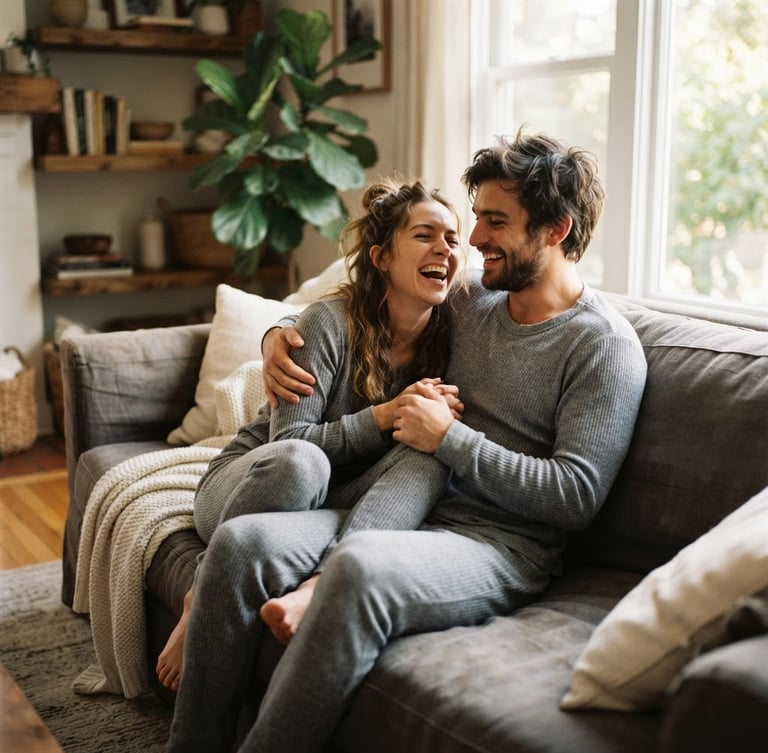 Cozy young couple laughing on a couch in a sunlit living room, wearing matching soft gray pajama sets, warm natural window light, shallow depth of field, authentic lifestyle photography