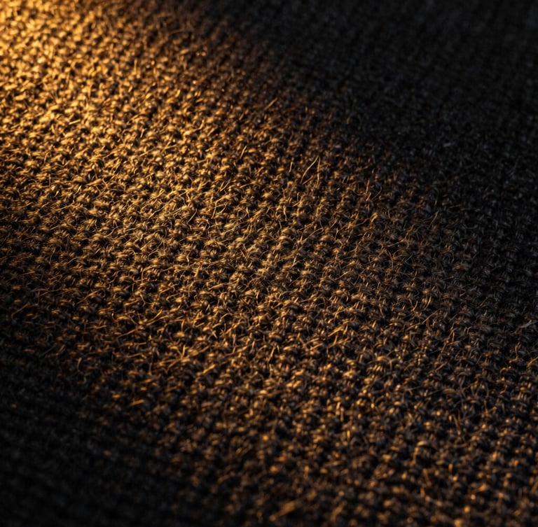 Macro detail of soft combed cotton fabric fibers, warm golden hour light highlighting the premium textile weave