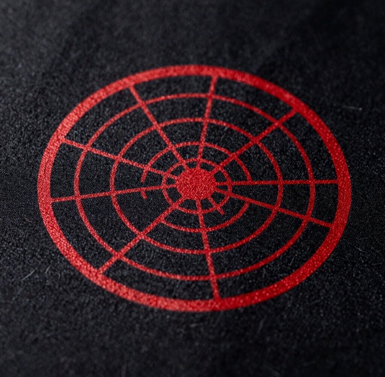 Macro extreme close-up of a red high-relief print on black fabric, showing the intricate textured web pattern and fabric fibers under dramatic studio lighting