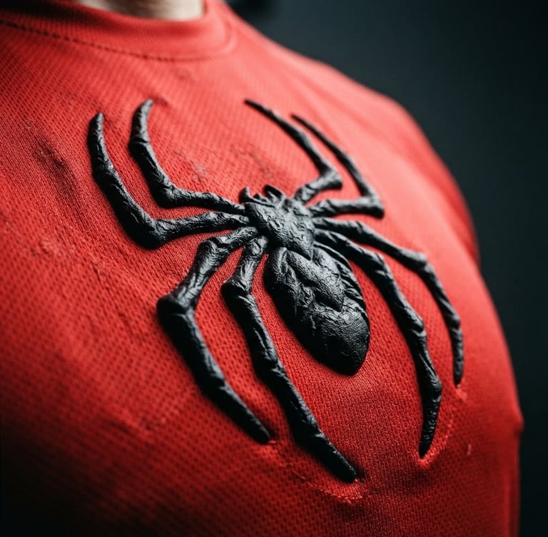 Close-up of a high-relief spider emblem on a red athletic t-shirt, dramatic side lighting emphasizing the raised texture, dark slate background, professional sports photography, 35mm