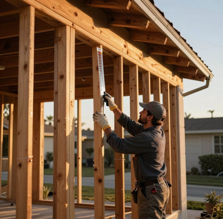 A professional technician applying clear fire-retardant treatment to the exterior wood framing of a Southern California home, warm golden-hour light, 35mm.