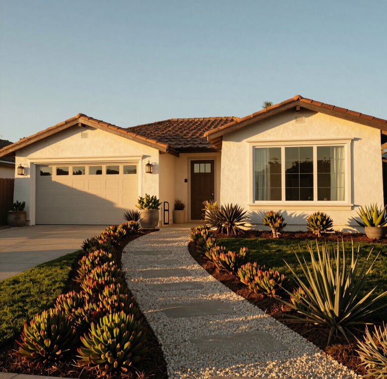 Wide environmental shot of a Malibu home with immaculate defensible space, gravel pathways, low-growth succulent gardens, golden hour California sunlight, 35mm