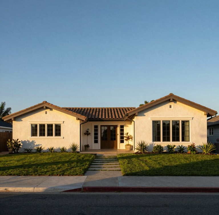 A beautifully landscaped Southern California home in Malibu, clear blue sky, warm golden hour light, showing wide clean defensible space zones around the property, 35mm architectural photography.