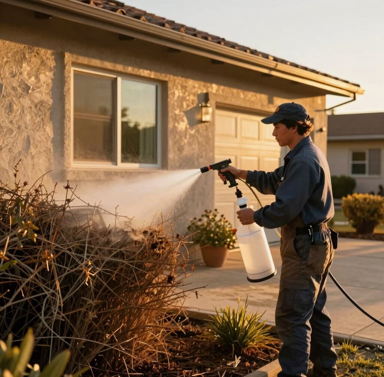 A professional technician in clean uniform spraying a clear, environmentally safe fire-retardant treatment onto the dry brush perimeter of a home, warm golden sunlight, 35mm.