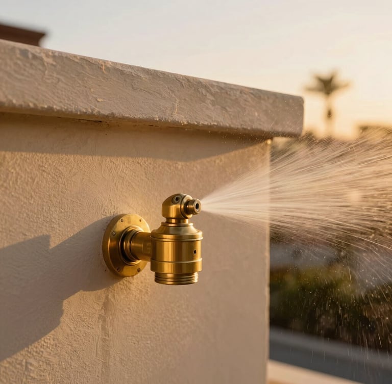 A close-up of a premium, low-profile brass Wetline sprinkler head integrated into a clean roofline, spraying a fine protective mist under golden-hour sunlight.