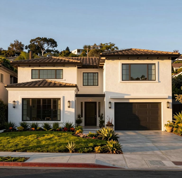 A premium Southern California home in Pacific Palisades, surrounded by clean defensible space and lush fire-resistant landscaping, captured in warm golden-hour California sunlight, sharp architectural focus.
