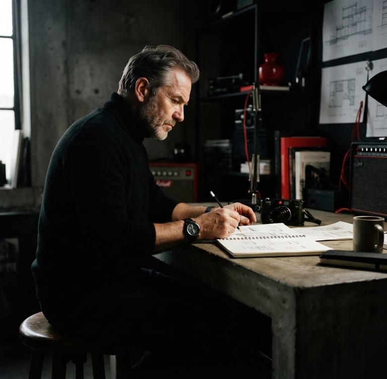 Stark high-contrast environmental portrait of a veteran creative director at a concrete desk, sharp directional key light, deep shadows, red accent elements in background, editorial 35mm film.