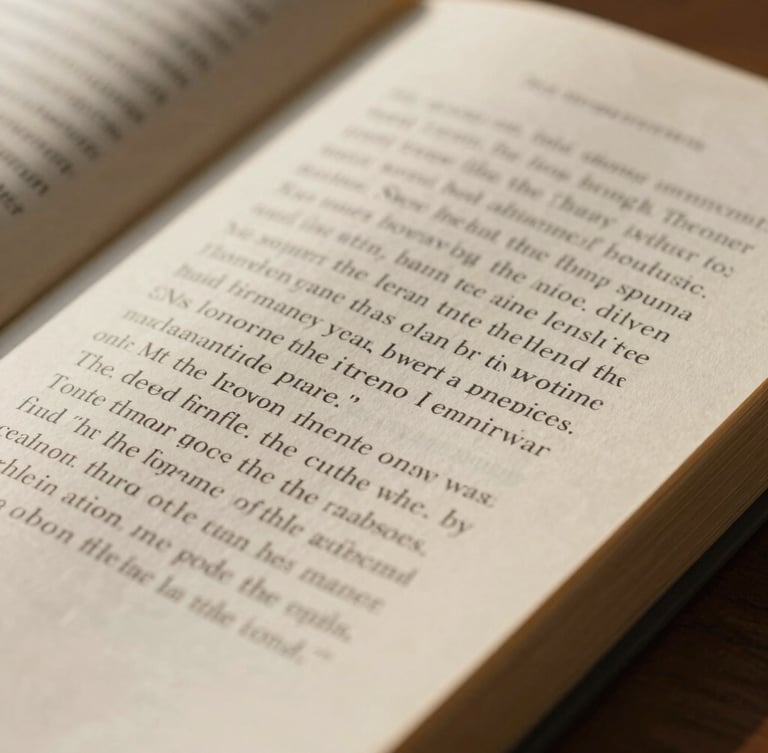 Macro shot of an open physical book, elegant serif typography on warm cream paper, soft side-lit natural daylight, realistic paper texture.