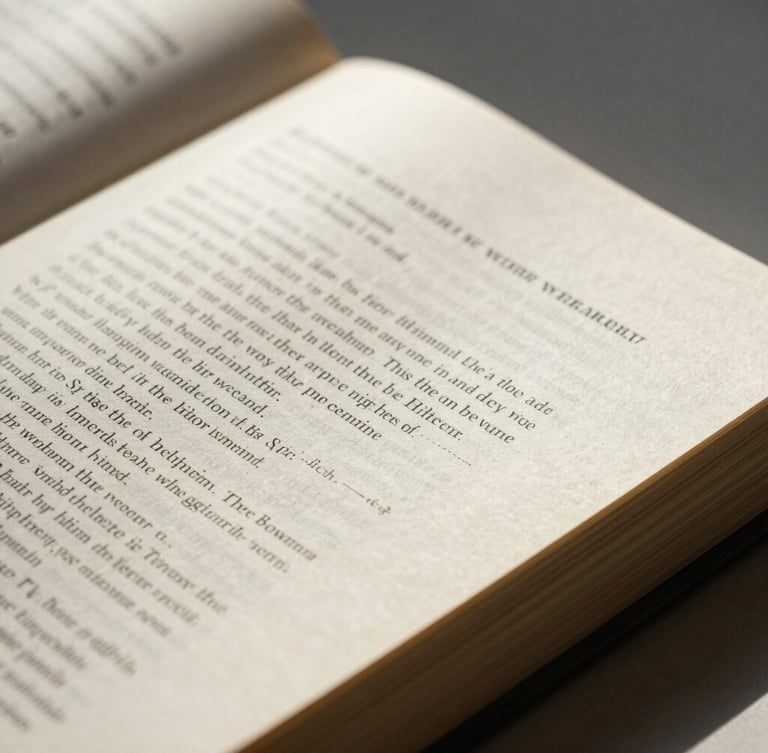 Macro details of an open physical book showing elegant serif typography, heavy paper texture, and soft natural side-lit daylight with realistic shadows.