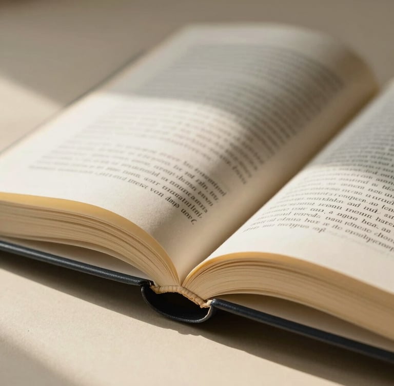 Close-up macro detail of a beautifully typeset open book on a warm cream surface, soft natural side-lit daylight casting elegant shadows, paper texture visible.
