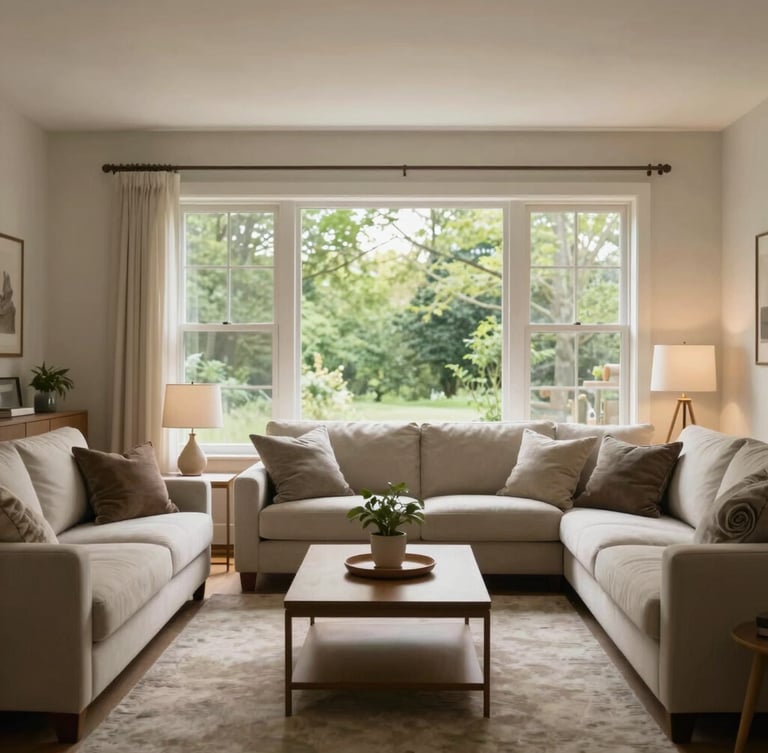 Warm natural daylight illuminating a comfortable, modern living room in Warren, Ohio, with a large window showing green trees outside, clean and welcoming atmosphere, wide environmental shot