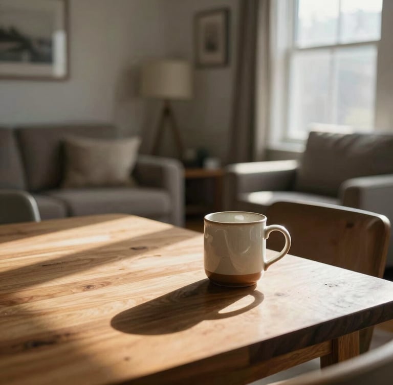 Warm, natural daylight streaming into a cozy living room in Warren, Ohio. A wooden dining table sits in the foreground with a ceramic mug, soft focus on comfortable armchairs in the background, high contrast, natural textures.