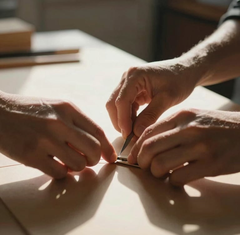 A close-up of hands working together on a craft project in a sunlit room, natural warm daylight, high contrast, shallow depth of field.