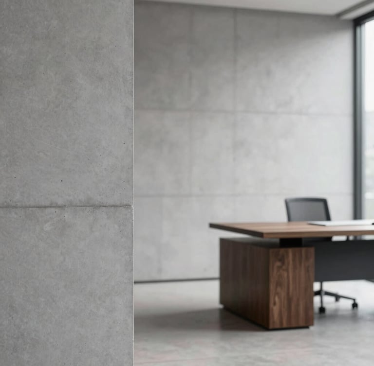 Minimalist corporate office interior with clean lines, soft natural daylight on a grey concrete wall, a single dark wooden desk in the background, shallow depth of field, 35mm