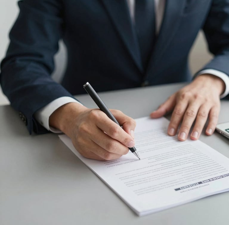 Close-up of a business professional's hands signing structured financial documents on a warm grey desk, soft natural daylight, shallow depth of field, 35mm