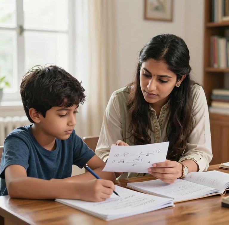 A focused one-on-one tutoring session in a bright Pakistani home study, a qualified female tutor explaining mathematics to a young student, natural daylight, professional and warm atmosphere.