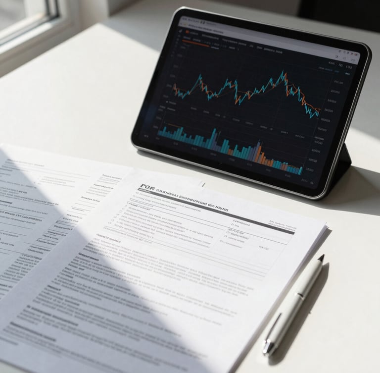 A clean, modern professional workspace with a tablet displaying financial charts next to official tax documents, bright natural daylight, high clarity.