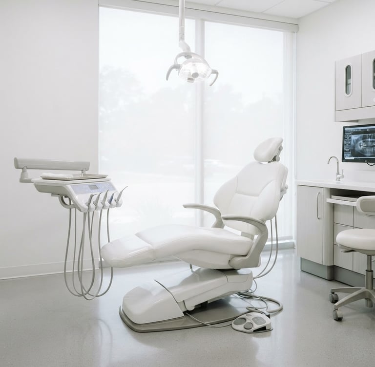 Bright high-key dental photography, sharp focus on a clean modern dental chair in a spotless white clinic room, soft light streaming from a window, professional and clinical, 35mm lens