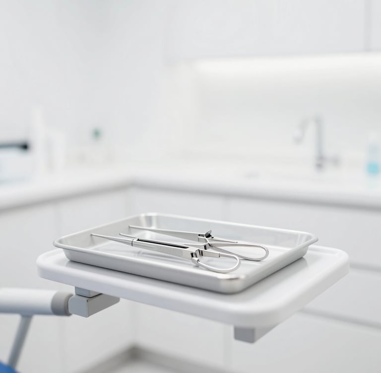 Bright high-key dental photography of a spotless modern hygiene bay in Midtown Manhattan, soft white light, clean instruments on a tray, shallow depth of field.
