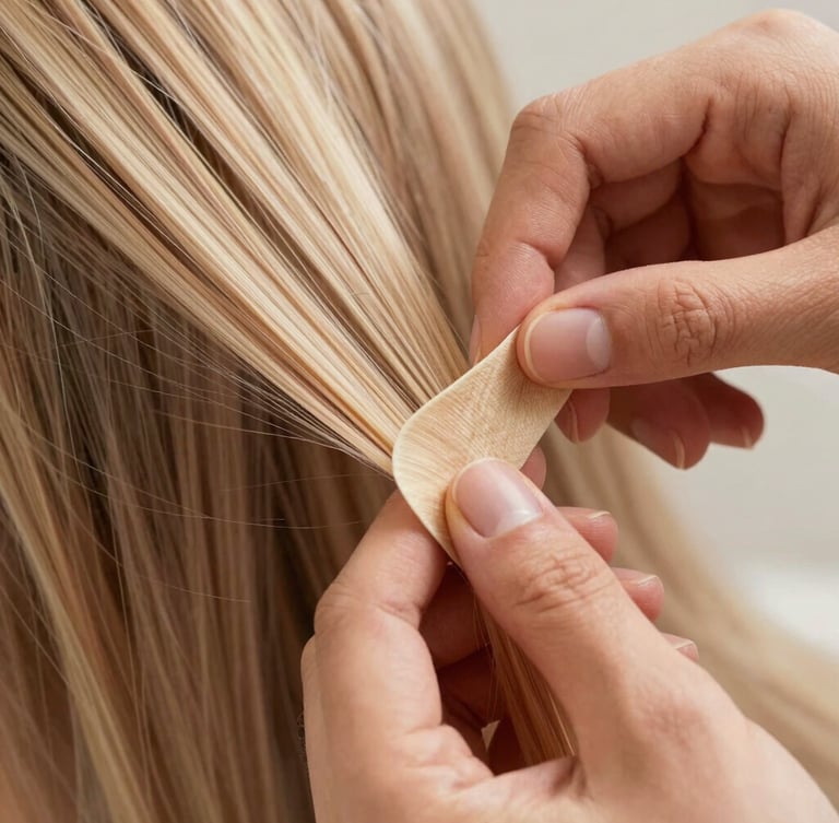 Macro photography of delicate hands applying a flat, ultra-thin adhesive hair extension bond to clean natural hair, soft daylight, warm tones, focus on the seamless integration.