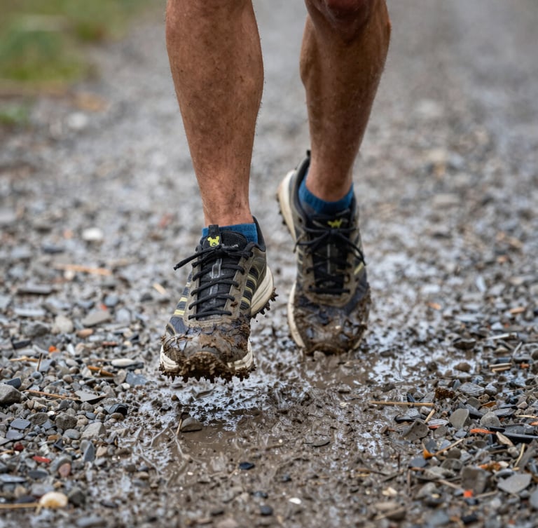 Dynamic close-up of muddy trail running shoes mid-stride on wet gravel, high-contrast natural daylight, shallow depth of field, 35mm