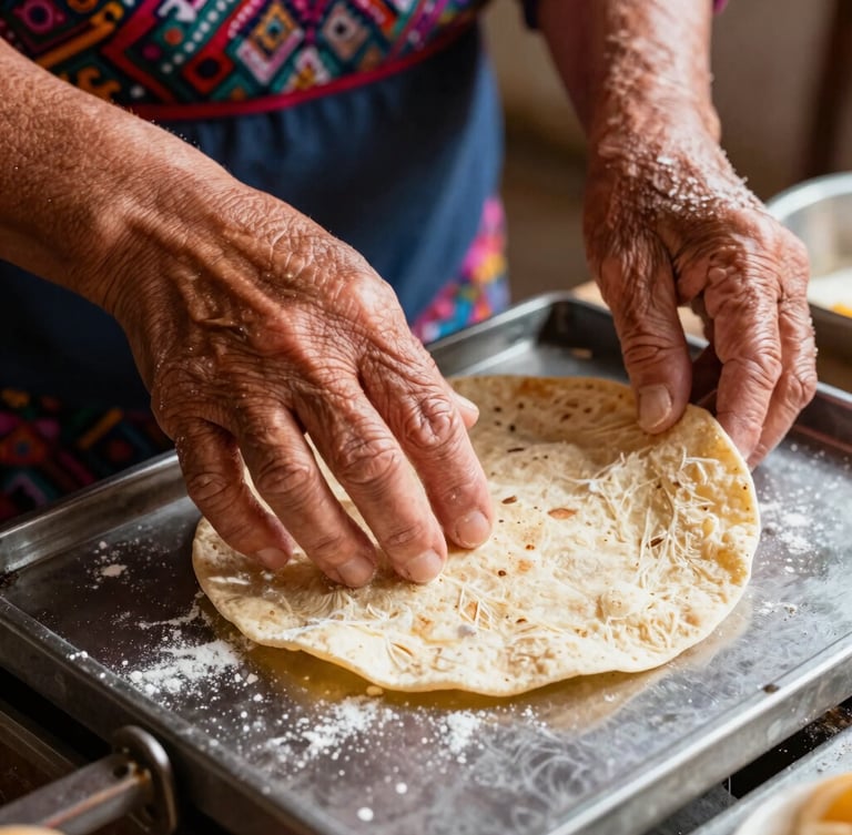 Close-up of an older Mexican woman's hands gently pressing a fresh corn tortilla on a metal press, flour dust in the air, warm afternoon light, 35mm photography.
