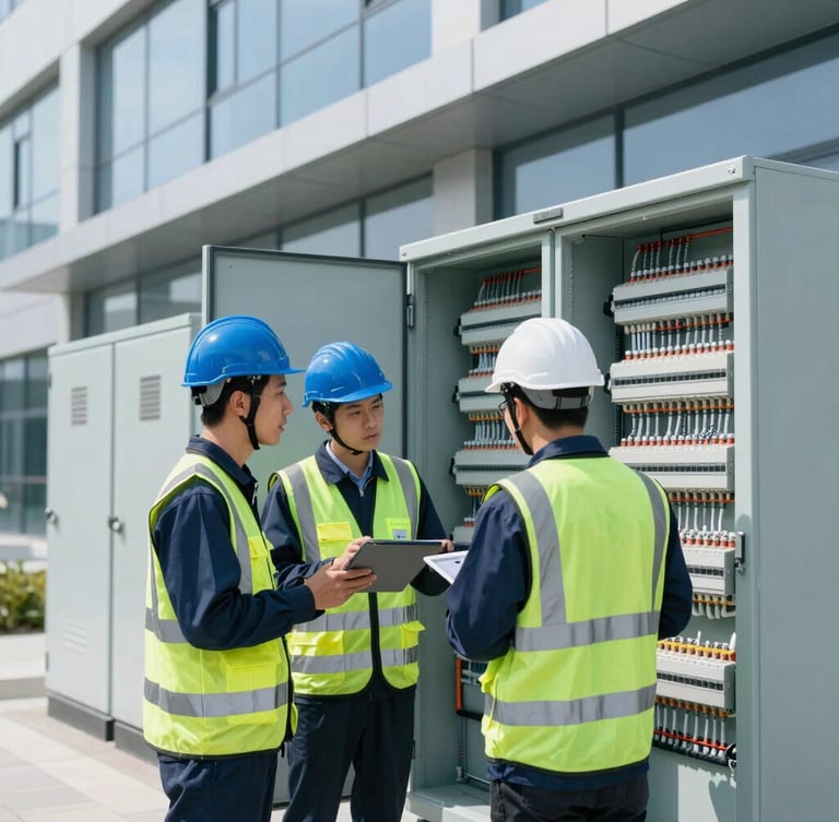 Wide environmental shot of professional technical team in safety gear analyzing a modern electrical panel with a digital tablet, crisp daylight, cool blue and green accents, 35mm lens