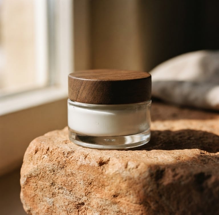 A close-up portrait of a glass jar of moisturizer sitting on a warm, textured terracotta stone, soft side-lit window daylight, high-contrast shadows