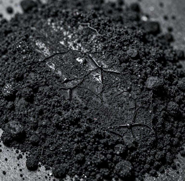 Extreme macro close-up of a heavy black wrinkle powder coat texture, highlighting the rugged, non-reflective surface under sharp workshop lighting.