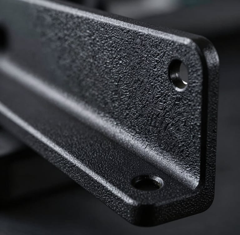 Extreme close-up of a textured matte black powder coated steel bracket showing heavy wrinkle finish under sharp rim lighting.
