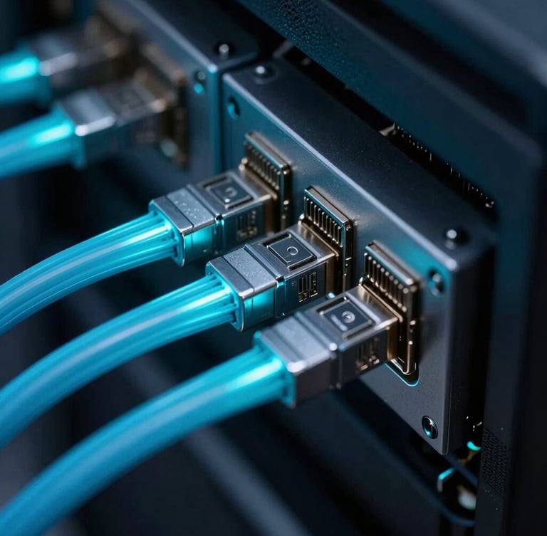 Macro close-up of modern server hardware interfaces with cool cyan fiber optic cables glowing in a dark server room, 35mm lens