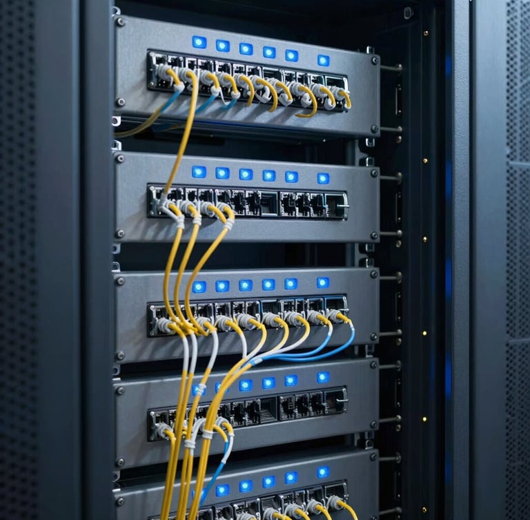 Organized server cabinet with glowing blue status lights and structured fiber optic patch panels, tight technical angle, cool lighting