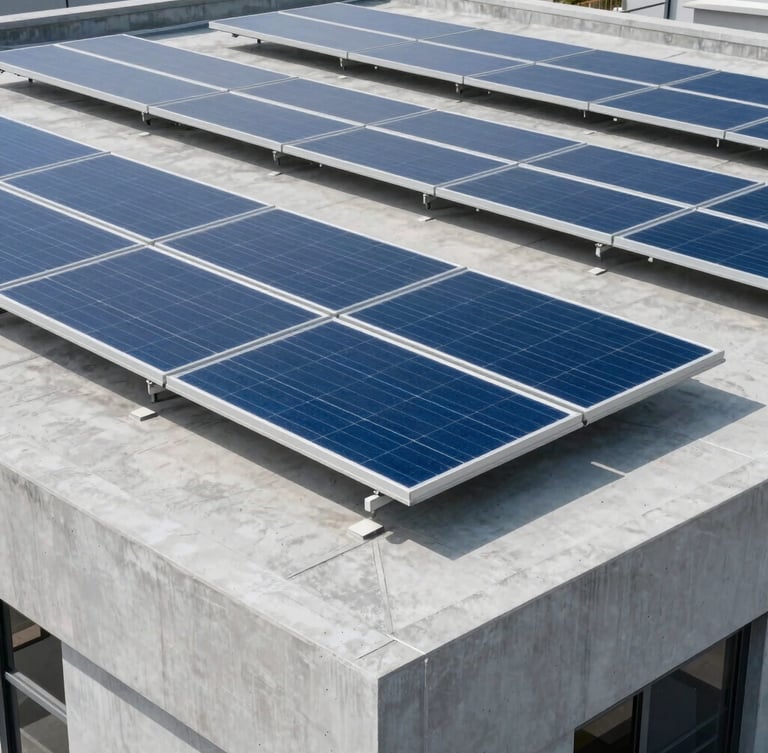 Sharp technical photography of commercial solar panels installed on a modern flat concrete roof, cool crisp daylight, slate and electric blue tones, clean architectural angles, 50mm lens