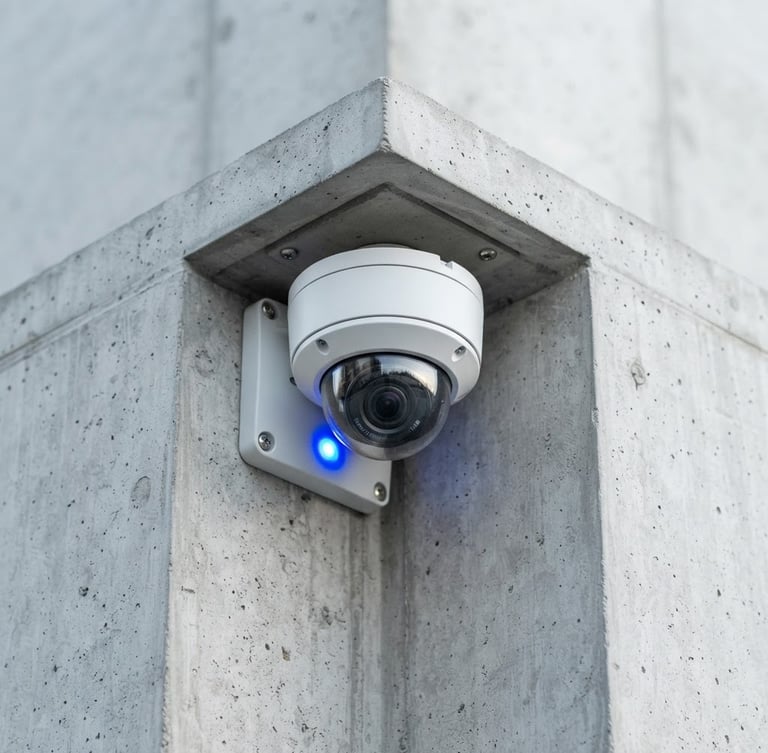 Close-up of a high-definition dome IP camera mounted on a clean concrete architectural corner, crisp daylight, electric blue status light glowing, sharp technical photography