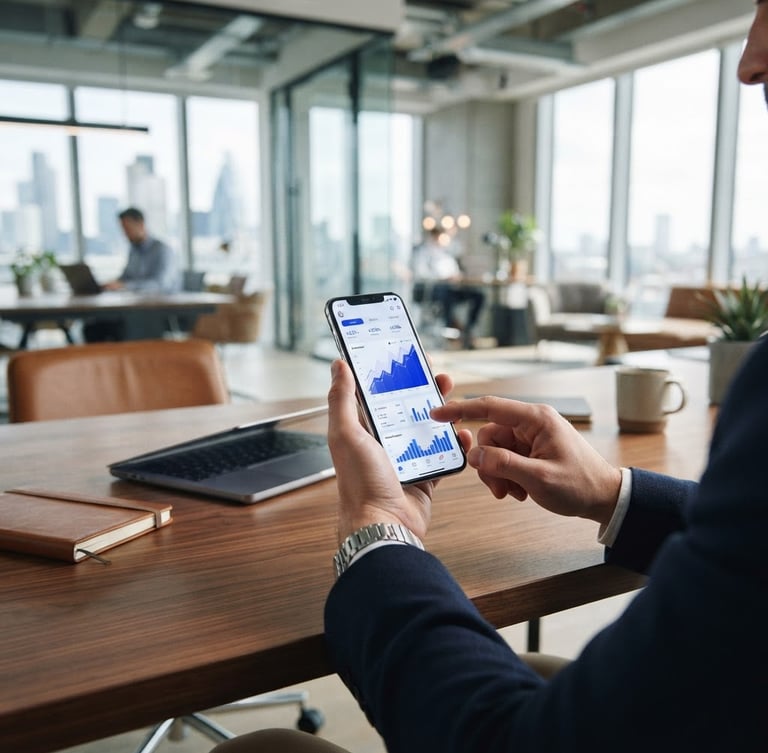 Sleek corporate technology photography of a modern workspace, crisp cobalt blue accents, sharp focus on a high-end mobile interface displaying positive growth metrics in an architectural office, 35mm