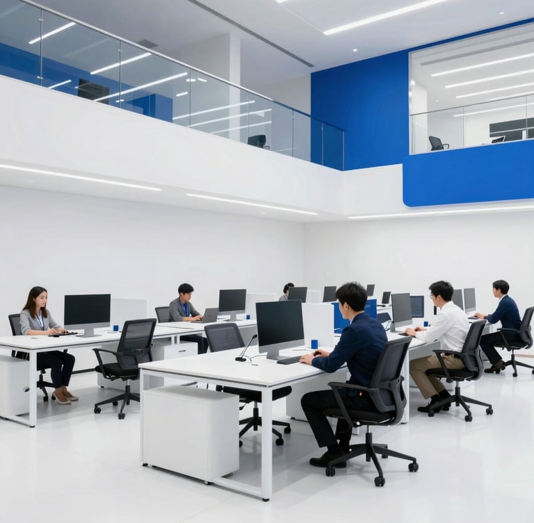 Sharp team collaboration in a modern architectural office, cool white undertones, crisp cobalt blue accents, sleek corporate technology photography, 35mm