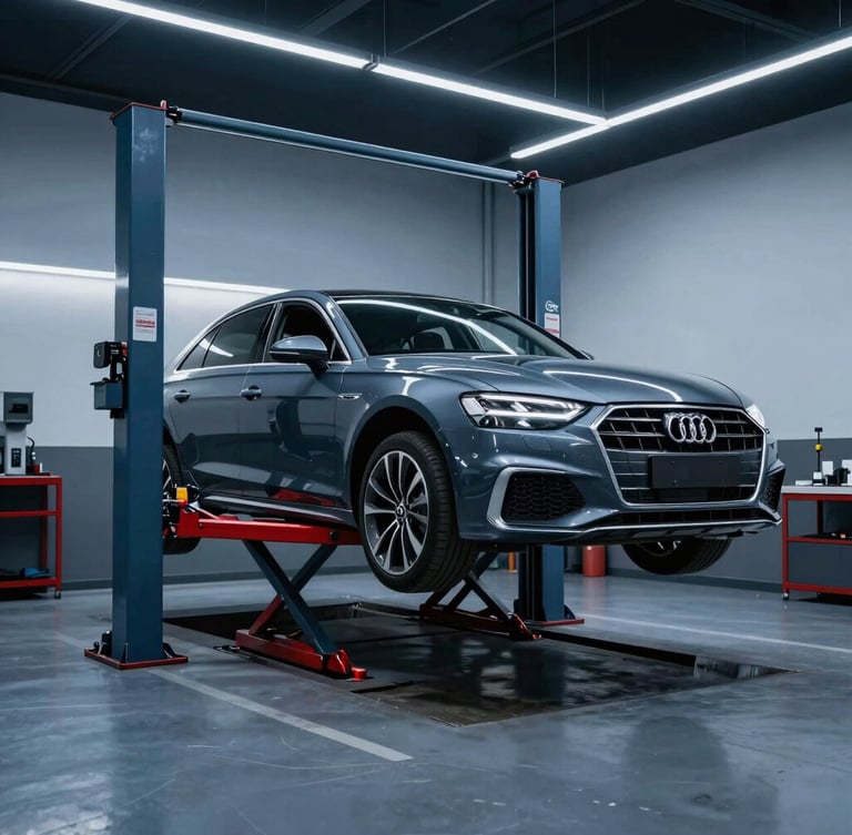 Modern clean workshop bay with a high-end German sedan lifted on a red hoist, cool crisp blue studio lighting, sharp focus, 35mm