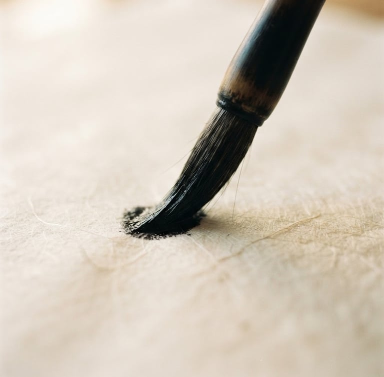 Extreme close-up of a bamboo brush tip loaded with wet black ink touching textured warm Xuan paper, soft natural daylight, shallow depth of field.