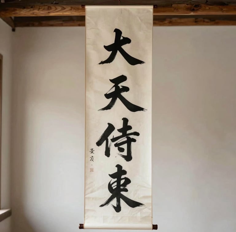 A tall vertical paper scroll with bold black calligraphy hanging in a serene, sunlit room with wooden beams.